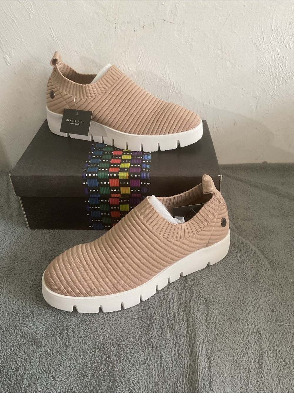 bernie mev. Knit Slip-On Sneakers in Beige with White Sole